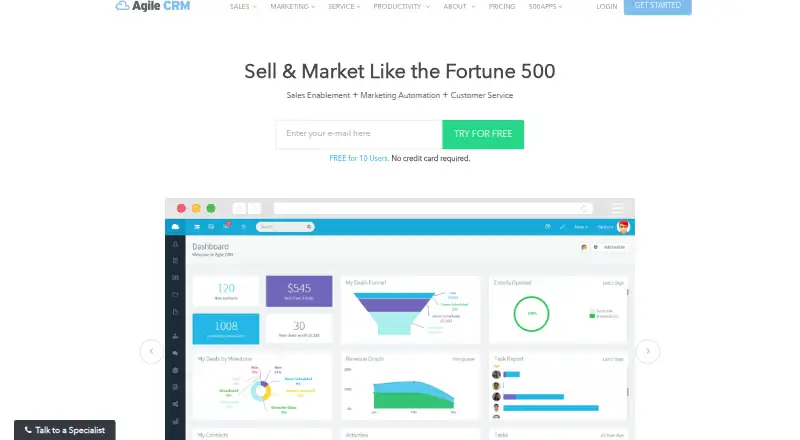 Agile CRM's own site, as our research read it