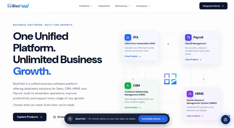 BizzField CRM's own site, as our research read it