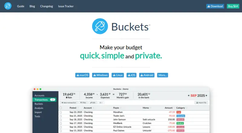 Buckets's own site, as our research read it