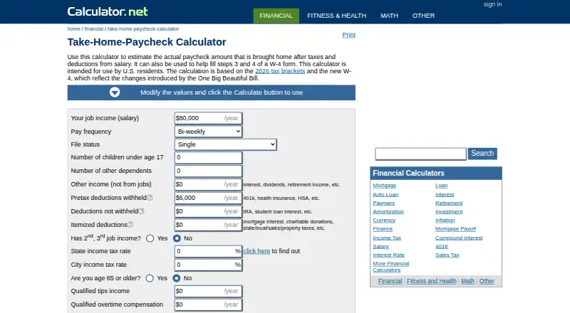 Take-Home-Paycheck Calculator's own site, as our research read it