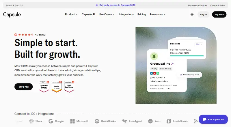 Capsule CRM's own site, as our research read it