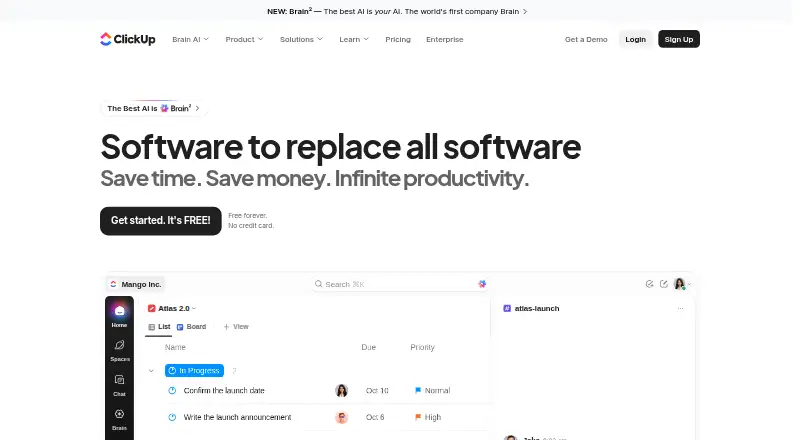ClickUp's own site, as our research read it
