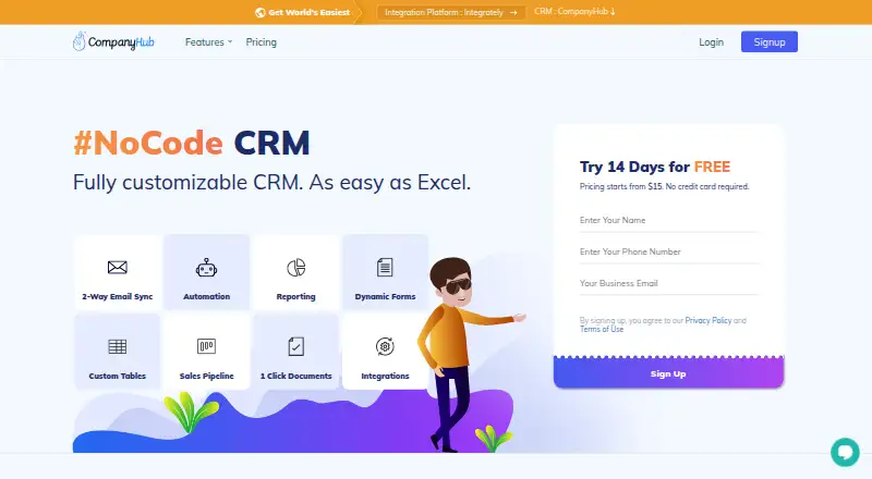 CompanyHub CRM's own site, as our research read it
