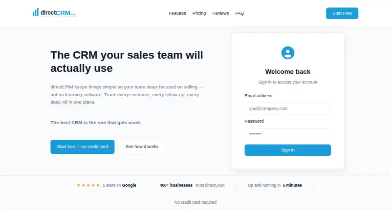 directCRM's own site, as our research read it