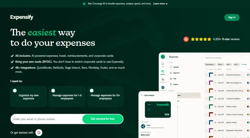 Expensify's own site, as our research read it