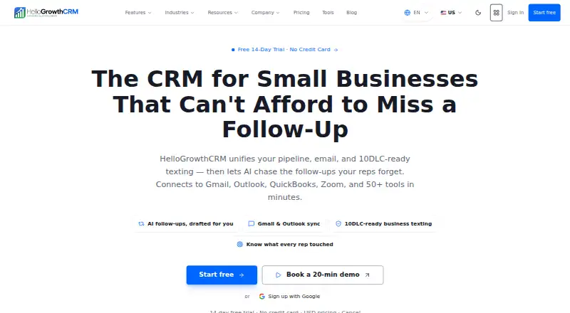 HelloGrowthCRM's own site, as our research read it