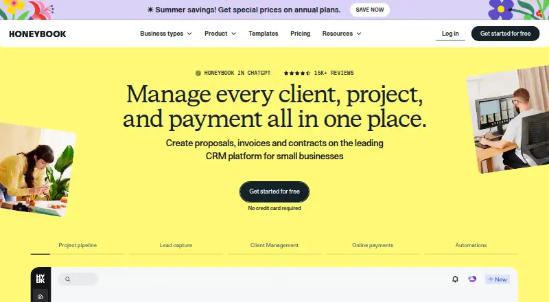 HoneyBook's own site, as our research read it