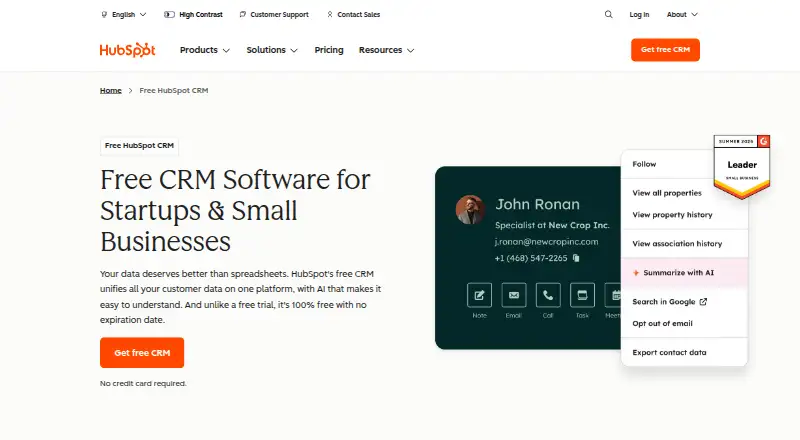 HubSpot CRM's own site, as our research read it