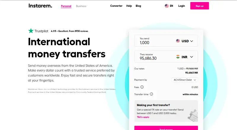 Instarem's own site, as our research read it