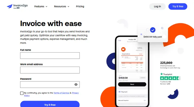 Invoice2go's own site, as our research read it