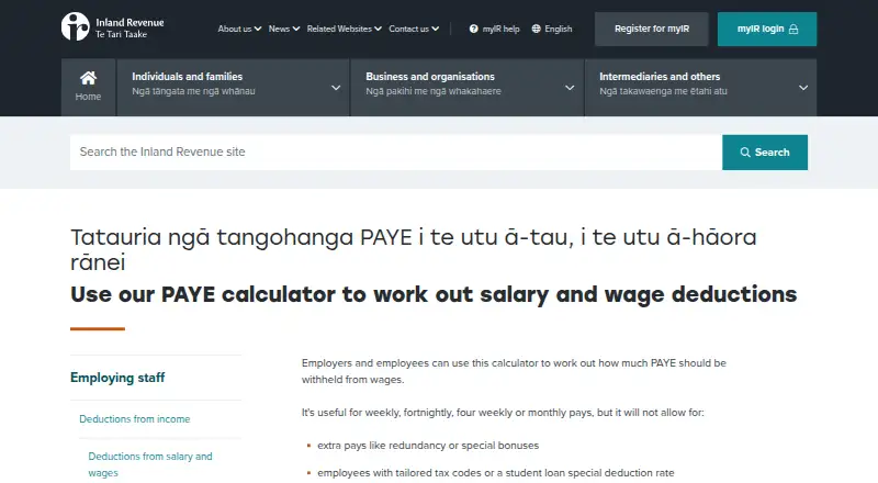 Inland Revenue PAYE Calculator's own site, as our research read it