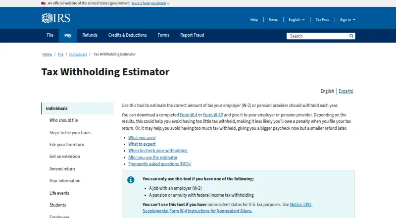 IRS Tax Withholding Estimator's own site, as our research read it