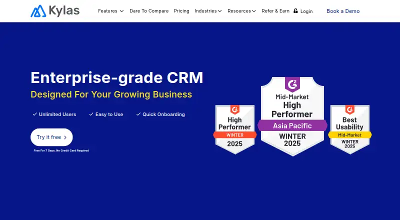Kylas CRM's own site, as our research read it