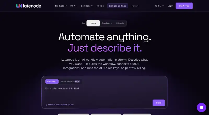 Latenode's own site, as our research read it