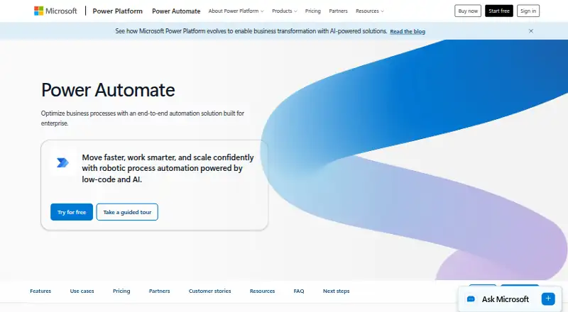 Microsoft Power Automate's own site, as our research read it