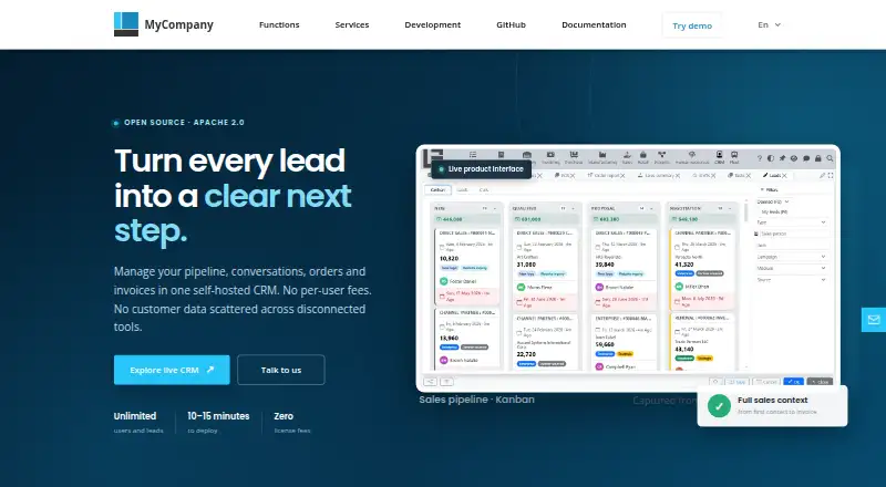 MyCompany CRM's own site, as our research read it