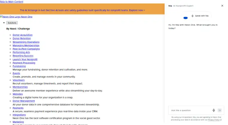 Neon CRM's own site, as our research read it