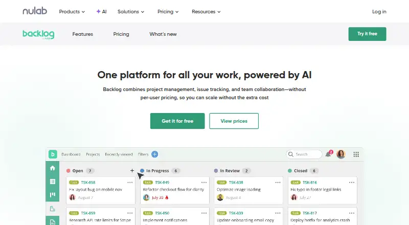 Backlog's own site, as our research read it