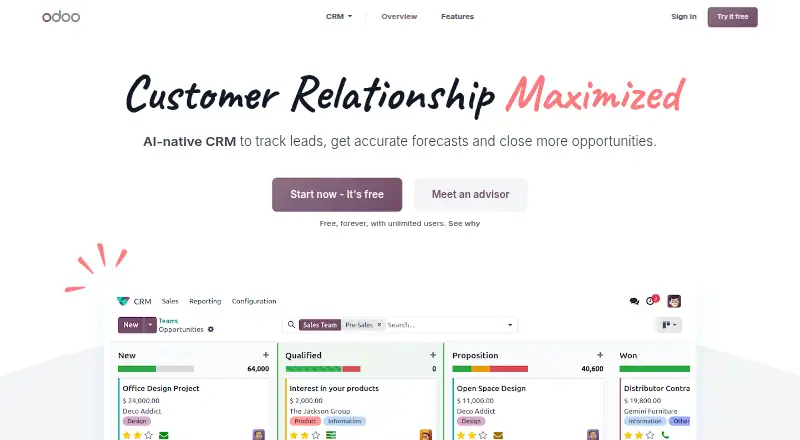 Odoo CRM's own site, as our research read it