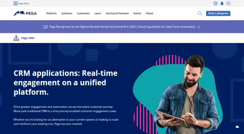 Pega CRM's own site, as our research read it