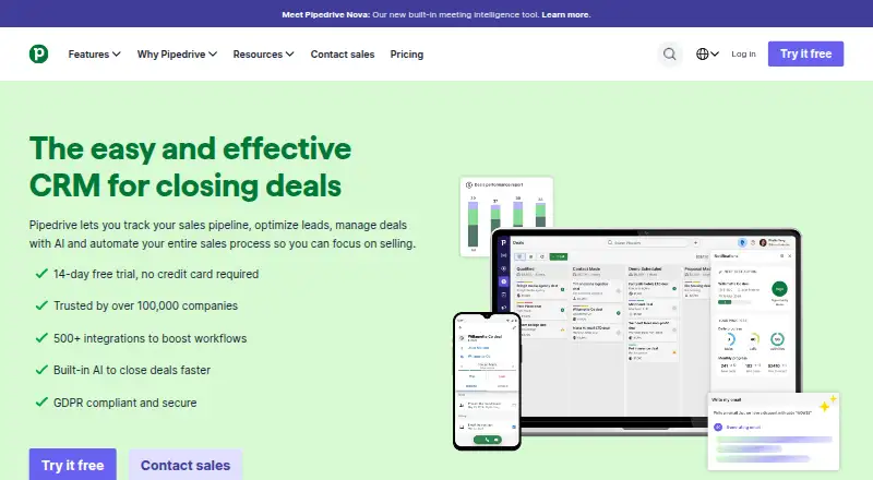 Pipedrive's own site, as our research read it