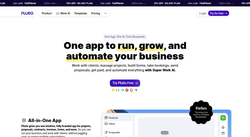 Plutio's own site, as our research read it