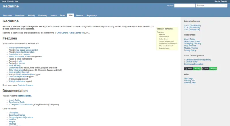 Redmine's own site, as our research read it