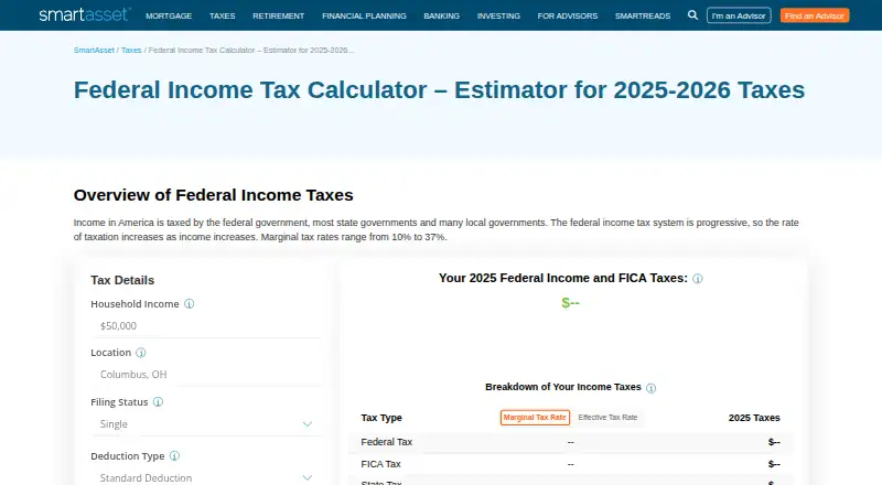 Federal Income Tax Calculator by SmartAsset's own site, as our research read it