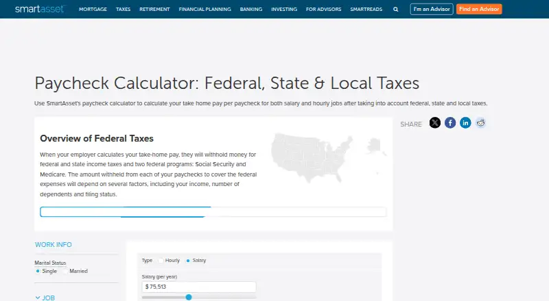 SmartAsset Paycheck Calculator's own site, as our research read it