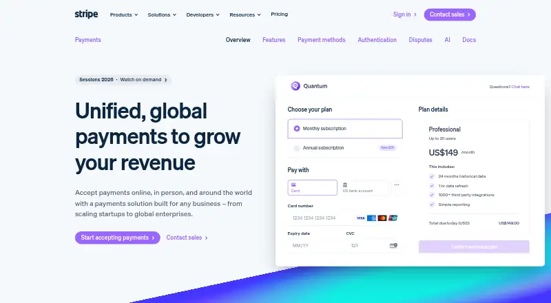 Stripe Payments's own site, as our research read it