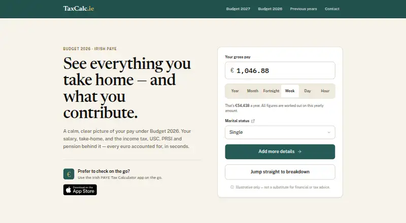 TaxCalc.ie Irish PAYE Tax Calculator's own site, as our research read it