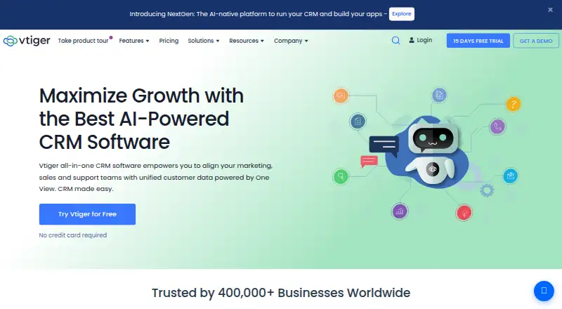 Vtiger CRM's own site, as our research read it