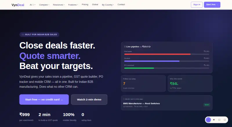 VynDeal CRM's own site, as our research read it