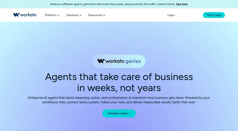 Workato Agentic's own site, as our research read it