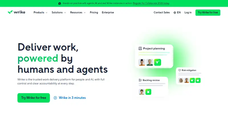 Wrike's own site, as our research read it
