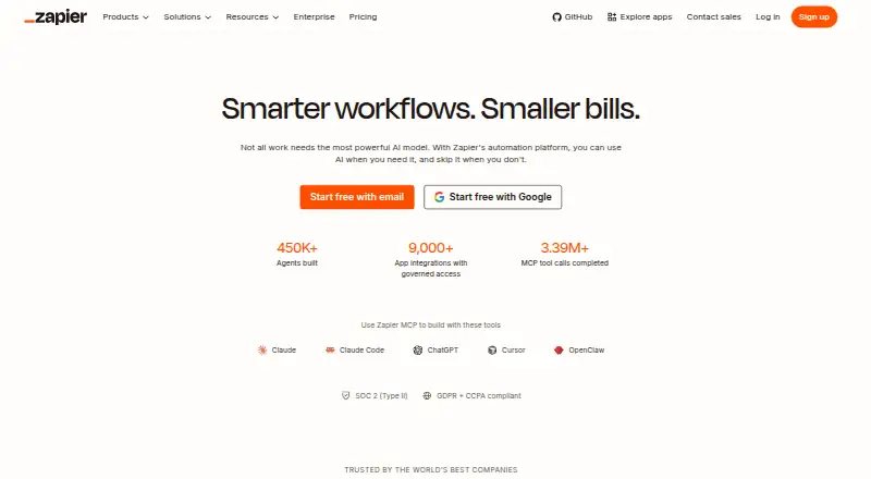 Zapier's own site, as our research read it