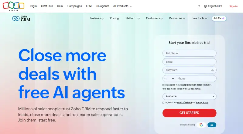 Zoho CRM's own site, as our research read it