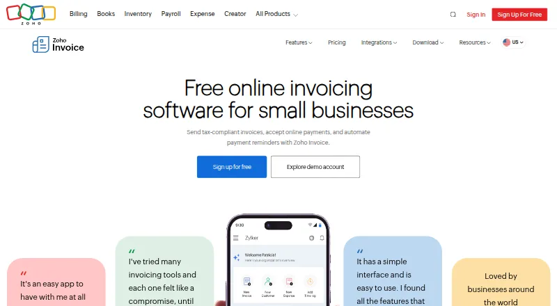 Zoho Invoice's own site, as our research read it
