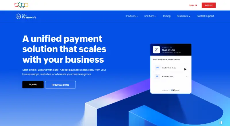 Zoho Payments's own site, as our research read it