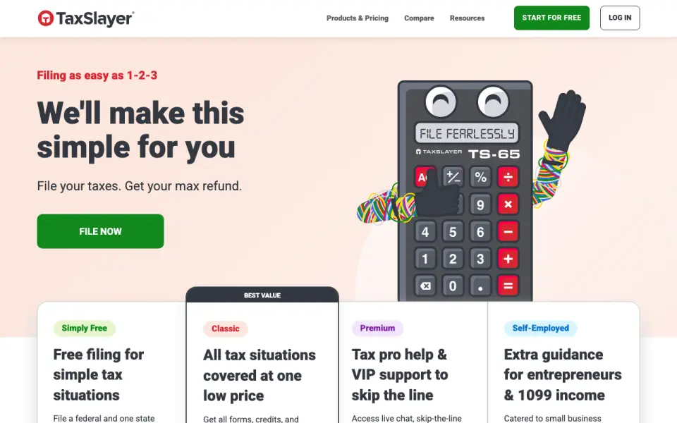 TaxSlayer's own site, as our research read it